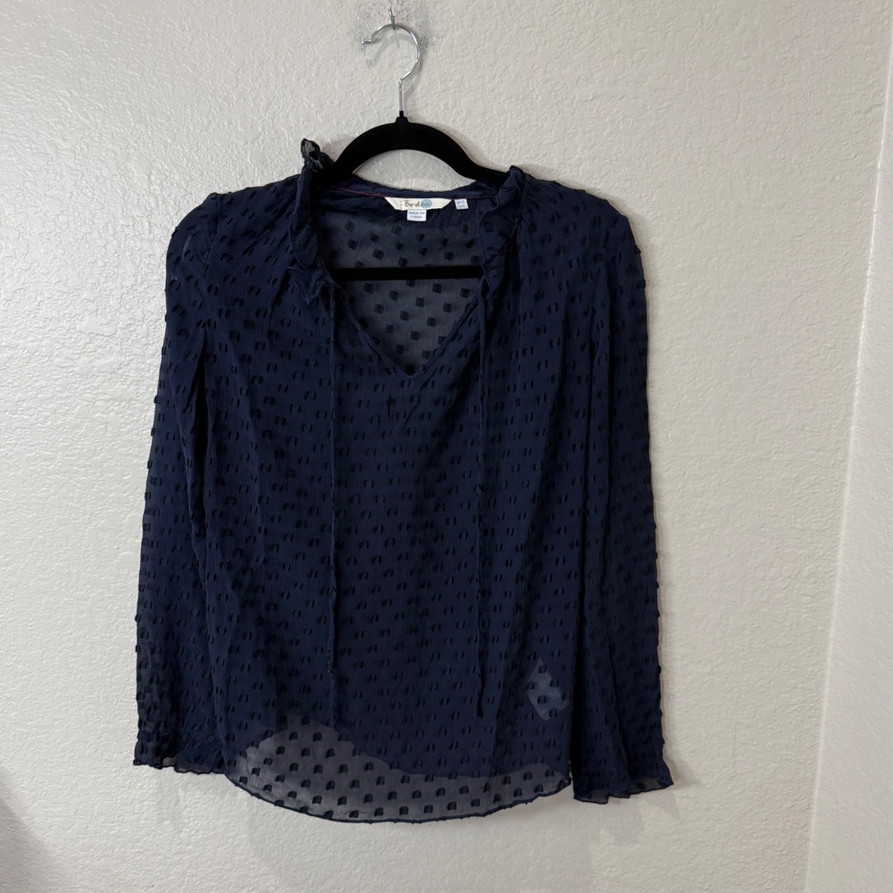 Boden US 6 Silk Cotton Blouse Navy Blue Black Geometric Ruffle Neck Tie Romantic